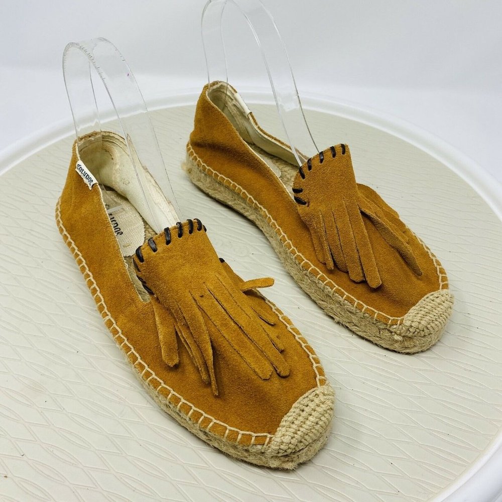 Anthropologie Soludos Flats Espadrilles Shoes 7 Saddle Suede Fringe Brown Boho